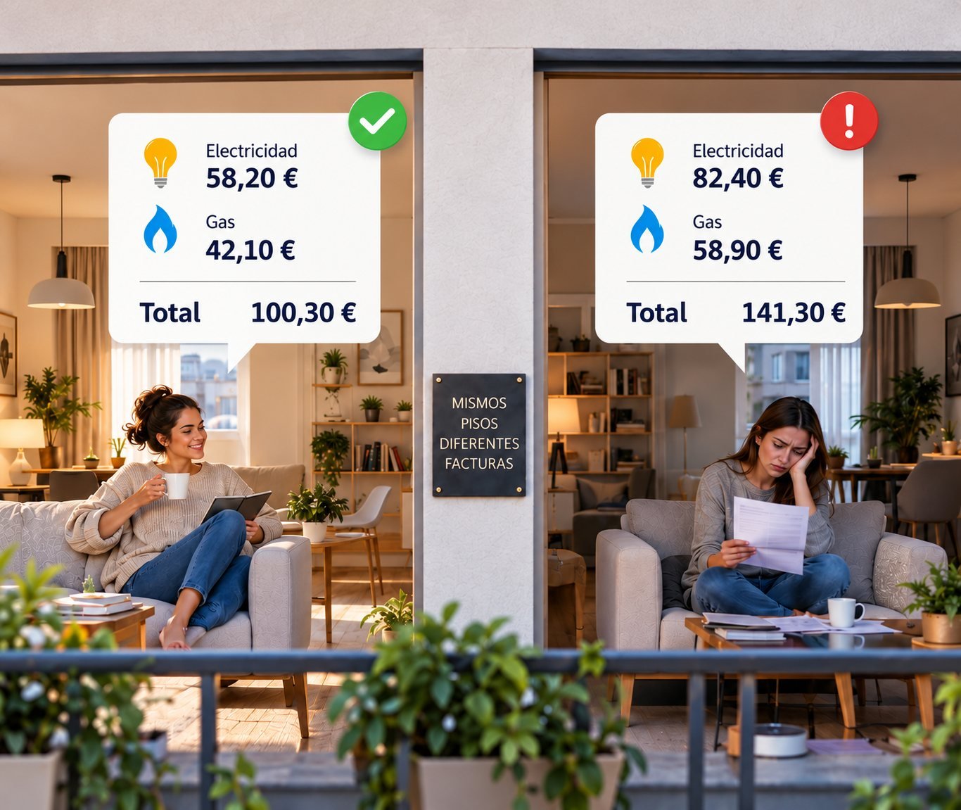Comparación de facturas de luz y gas entre dos viviendas similares, mostrando cómo los hábitos cambian el resultado final