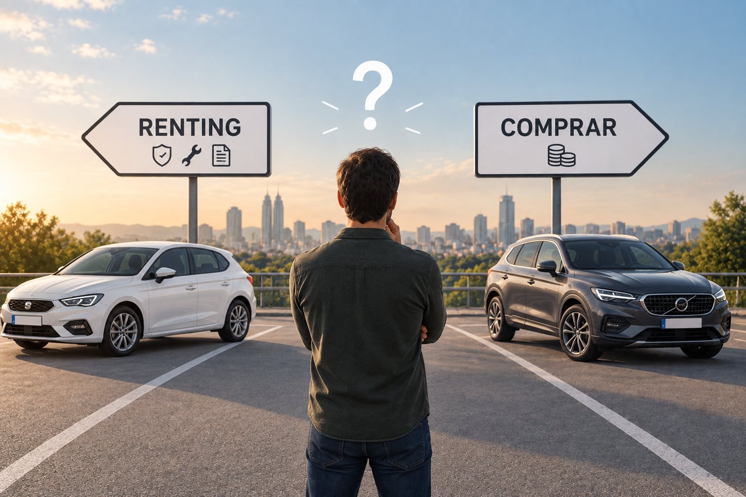 Hombre de espaldas frente a dos carteles de carretera, "Renting" y "Comprar", con un coche a cada lado, representando la decisión entre alquilar o comprar un vehículo