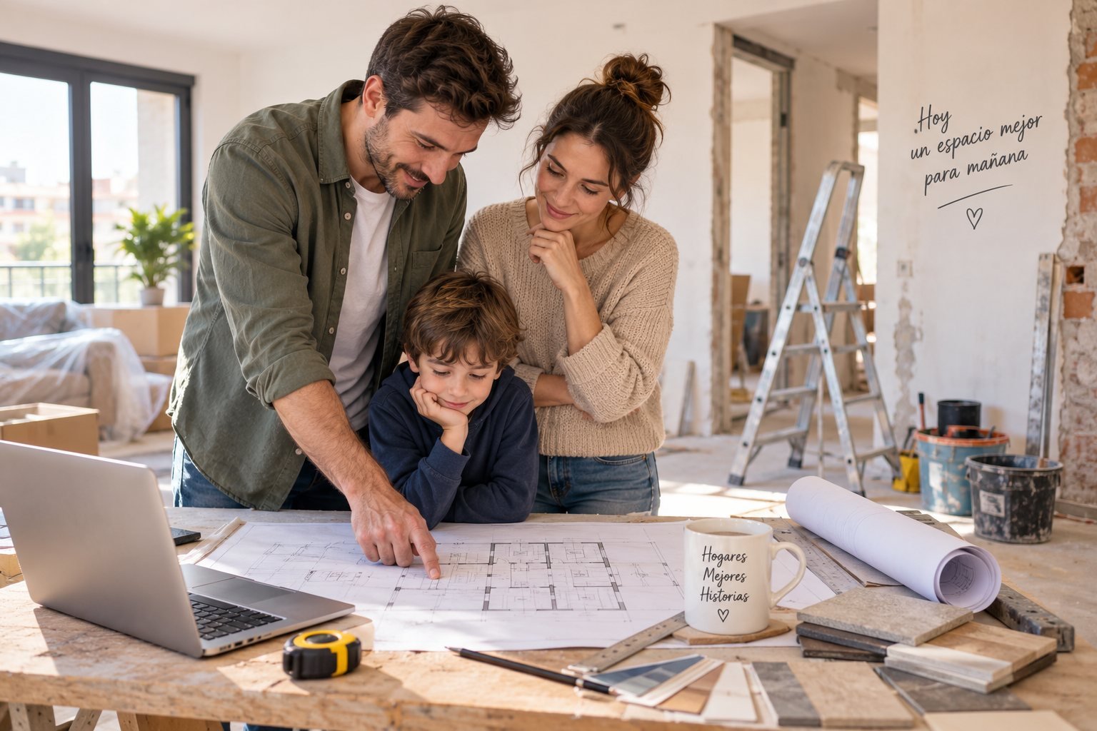Familia mirando planos de una reforma en una vivienda en obras, con herramientas y una taza que dice "Hogares, Mejores Historias"